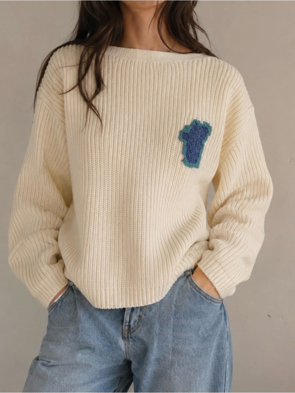 Jenni Kayne Limited Edition Keep Tahoe Blue Boatneck White Cotton Sweater Medium
